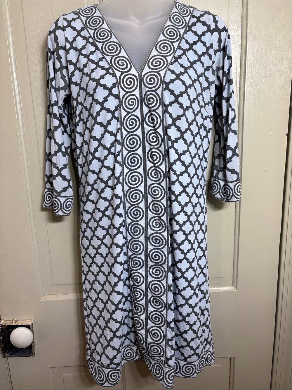 Gretchen Scott Designs Grey and palest blue 3/4V-Neck Printed Dress